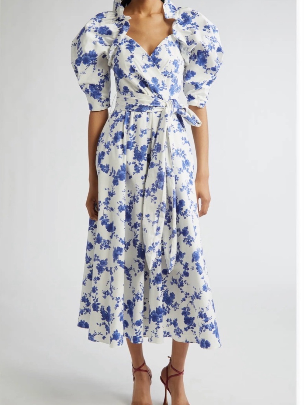 Carolina Herrera Puff Sleeve Floral Print Faux Wrap Dress